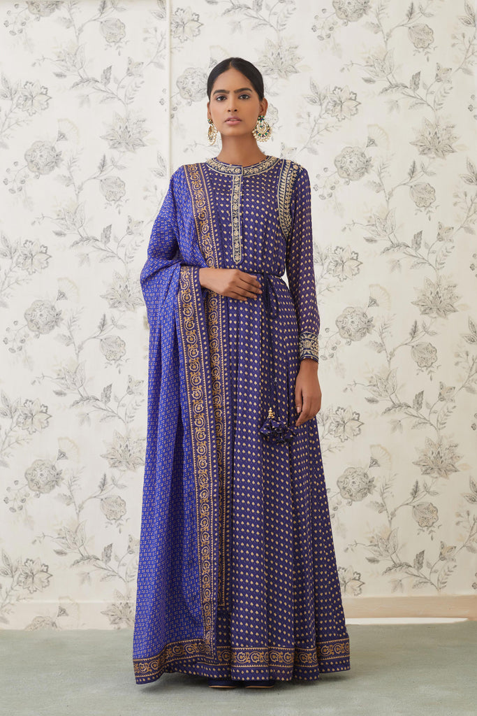 Buy Navy Blue Silk Long Anarkali Gown with Floral Work Dupatta Online